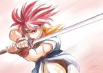  blue_eyes chrono_trigger crono fighting_stance headband highres katana kumsmkii male_focus red_hair signature solo spiked_hair sword weapon wristband 