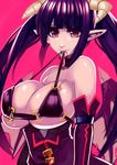  bad_id bad_pixiv_id bare_shoulders breasts demon_girl demon_wings doku-chan_(dokkudokudoku) elbow_gloves gloves halterneck highres horns huge_breasts long_hair looking_at_viewer mouth_hold o-ring o-ring_top original pink_background pink_eyes pointy_ears purple_hair simple_background smile solo twintails wings 