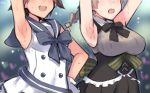  armpits arms_up black_bow blue_bow bow braid breasts brown_hair dress em gloves glowstick idol large_breasts lynette_bishop miyafuji_yoshika multiple_girls open_mouth out_of_frame plaid plaid_bow sailor_dress sleeveless sleeveless_dress small_breasts strike_witches striped striped_bow sweat white_gloves world_witches_series 