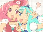  blue_choker blue_eyes blue_hair bow choker cure_blossom cure_marine elk115 hanasaki_tsubomi heartcatch_precure! kurumi_erika long_hair looking_at_viewer magical_girl multiple_girls one_eye_closed pink_eyes pink_hair ponytail precure red_bow red_choker smile wrist_cuffs 