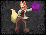  big_breasts breasts button-up_shirt bxulnooxgard canine clothed clothing delphox eyewear female fox fur glasses hand_on_hip looking_at_viewer mammal nintendo orange_eyes panties pok&#233;mon pok&#233;morph pok&eacute;mon solo underwear video_games wand wide_hips 