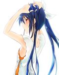  adjusting_hair back blue_hair breasts dress flat_chest hair_ribbon hair_tie hand_in_hair highres long_hair looking_at_viewer mouth_hold nape ore_twintail_ni_narimasu red_eyes ribbon ribbon_in_mouth semi-transparent sideboob simple_background solo tsube_aika twintails tying_hair white_background white_dress yuto_(dialique) 