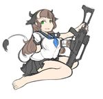  animal_ears arceonn arm_behind_back assault_rifle barefoot blue_eyes breasts brown_hair cow_ears cow_horns cow_tail extra_ears flat_color g36 gun horns large_breasts monika_(arceonn) original rifle school_uniform serafuku sitting solo tail tail_raised toes wariza weapon 