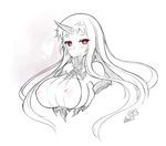  blush breasts butter-t cleavage greyscale horn kantai_collection large_breasts long_hair monochrome red_eyes seaport_hime shinkaisei-kan smile solo 