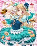  blonde_hair blush cake dress food frills harem_gain hat kurosawa_kiyotaka long_hair looking_at_viewer official_art red_eyes smile solo 