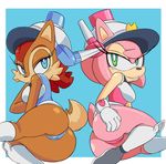  amy_rose anthro blue_eyes boots breasts brown_fur butt chipmunk clothing cloudz cosplay female fur green_eyes hair happy hedgehog looking_at_viewer mammal mighty_switch_force pink_hair plain_background red_hair rodent sally_acorn sega smile sonic_(series) teeth video_games 