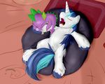  blue_hair dirty dragon duo equine fluffy friendship_is_magic frist44 hair horn lying male mammal my_little_pony on_back on_front open_mouth purple_body shining_armor_(mlp) sleeping snoring spike_(mlp) spines unicorn white_body 