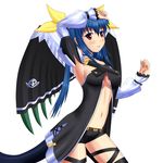  1girl alternate_costume arc_system_works asymmetrical_wings belt blue_hair blush breasts cape covered_nipples dizzy erect_nipples guilty_gear hair_ribbon long_hair looking_at_viewer red_eyes ribbon short_shorts shorts tail thigh_strap thighhighs twintails underboob wings wiz_(shadow) 
