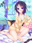  barefoot blue_eyes blush bra breasts cardigan cleavage feet green_bra green_panties heterochromia jacket medium_breasts nishi_minami no_pants off_shoulder on_bed original panties pillow purple_eyes purple_hair sitting sitting_on_bed socks_removed soles solo suterii underwear window 