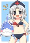  bikini black_eyes hat highres long_hair nurse_cap shark short_hair silver_hair swimsuit touhou usagi_koushaku yagokoro_eirin 