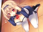  2-g blonde_hair breasts dutch_angle game_cg kneeling large_breasts long_hair mimura_sumire pantyhose red_eyes solo zettai_ryouiki_sex_royale!! 