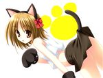  absurdres animal_ears bare_shoulders bent_over black_skirt brown_eyes brown_hair cat_ears cat_paws cat_tail fake_animal_ears gloves hair_ribbon highres kuzaki_rinko looking_back matra_milan midriff omamori_himari open_mouth paw_gloves paws ribbon scan shirt short_hair simple_background skirt solo tail thighs white_background white_shirt 