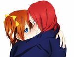  bad_id bad_pixiv_id blazer blue_eyes blush brown_hair hug inuzuka_bouru jacket kousaka_honoka long_sleeves looking_at_another love_live! love_live!_school_idol_project multiple_girls nishikino_maki one_side_up open_mouth otonokizaka_school_uniform purple_eyes red_hair school_uniform white_background yuri 