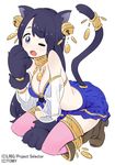  animal_ears bare_shoulders bell black_hair blue_eyes boots breasts cat_ears cat_paws cat_tail character_request cleavage copyright_name detached_sleeves fang full_body hair_bell hair_ornament long_hair medium_breasts one_eye_closed open_mouth paws pepo_(pepopepo) see-through skirt solo tail thighhighs white_background wixoss 