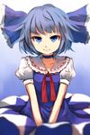  blue_eyes blue_hair blurry bow choker cirno depth_of_field dress expressionless gradient gradient_background hair_bow hands_on_lap highres looking_at_viewer polka_dot polka_dot_background puffy_short_sleeves puffy_sleeves ribbon shone short_hair short_sleeves solo touhou 