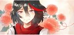  black_hair blue_eyes casual commentary crying crying_with_eyes_open flower happy_tears highlights hyde_(hai-do) kill_la_kill lowres matoi_ryuuko multicolored_hair peony_(flower) red_scarf scarf short_hair solo tears 