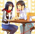  black_hair blue_eyes blue_skirt casual food fringe_trim heart ice_cream kill_la_kill kiryuuin_satsuki layla_(suptomat) matoi_ryuuko multicolored_hair multiple_girls red_scarf scarf sharing_food shirt short_hair skirt two-tone_hair yuri 