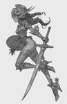  boots breastplate breasts gauntlets greaves greyscale helmet high_heel_boots high_heels holding holding_sword holding_weapon kilart left-handed leotard long_hair md5_mismatch medium_breasts monochrome original running shield solo spurs sword thigh_boots thighhighs weapon 