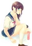  bad_id bad_pixiv_id bangs blue_eyes blunt_bangs blush brown_hair kinoko kneehighs long_hair open_mouth original school_uniform serafuku sitting skirt smile solo wet white_legwear 