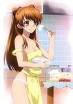  :q absurdres apron bowl breasts brown_hair cake cleavage cream cream_on_face food food_on_face fruit highres kitchen medium_breasts nearly_naked_apron no_bra ogiso_setsuna panties standing strawberry strawberry_shortcake tile_wall tiles tongue tongue_out underwear whisk white_album_2 white_panties yellow_eyes 