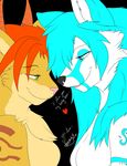  anthro black_background breasts canine couple duo english_text eye_contact feline female females happy hybrid love mammal open_mouth plain_background side_view smile text voshiket wolf 