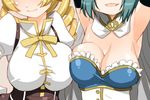  armpits arms_up blonde_hair blue_hair blush bouncing_breasts breasts cape cleavage drill_hair head_out_of_frame large_breasts magical_girl mahou_shoujo_madoka_magica miki_sayaka multiple_girls open_mouth shinama short_hair tomoe_mami twin_drills twintails 