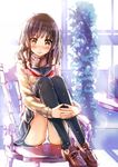  black_legwear blush brown_eyes brown_hair kazeno leg_hug light_smile loafers long_hair original panties pantyshot pantyshot_(sitting) parted_lips scarf school_uniform serafuku shoes sitting skirt solo thighhighs underwear white_panties 