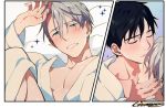  2boys artist_name black_hair blue_eyes blush close-up comic commentary_request eyebrows_visible_through_hair eyes_closed face fingernails forehead_kiss gearous grey_hair happy katsuki_yuuri kiss looking_at_viewer male_focus mixed-language_commentary multiple_boys panels profile short_hair silent_comic smile sparkle teeth upper_body viktor_nikiforov yaoi yuri!!!_on_ice 