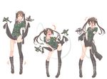  aircraft airplane blush brown_eyes brown_hair embarrassed hair_ribbon highres kantai_collection long_hair mikeco multiple_views open_mouth pelvic_curtain remodel_(kantai_collection) ribbon single_thighhigh speed_lines tabard thighhighs tone_(kantai_collection) twintails white_background 