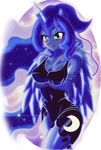  alpha_channel animal_ears anthro anthrofied blue_eyes blue_hair blue_skin blush breasts cleavage clothed clothing crossed_arms cutie_mark dress equine female friendship_is_magic hair horn mammal my_little_pony portrait princess_luna_(mlp) ruhisu solo sparkles standing winged_unicorn wings 