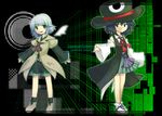  androgynous big_hat black_hair boots bow brown_coat coat cosplay detached_sleeves enraku_tsubakura enraku_tsubakura_(cosplay) eruu evanescent_existence geta grey_eyes hat highres houlen_yabusame len'en multiple_others red_ribbon ribbon senri_tsurubami short_hair shorts silver_eyes silver_hair smile tabi top_hat 