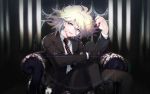  1boy ahoge alternate_costume arm_up armchair black_footwear black_gloves black_jacket black_legwear chair character_name commentary_request danganronpa eyebrows_visible_through_hair fingernails formal gloves green_eyes half-closed_eyes hand_on_own_knee jacket kaname_akihito komaeda_nagito long_hair looking_at_viewer male_focus multicolored_neckwear nail_polish necktie open_eyes open_mouth red_nails shirt sitting solo striped striped_shirt suit super_danganronpa_2 white_hair white_shirt 