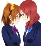  bad_id bad_pixiv_id blazer blue_eyes blush bow bowtie brown_hair inuzuka_bouru jacket kousaka_honoka long_hair long_sleeves looking_at_another love_live! love_live!_school_idol_project multiple_girls nishikino_maki one_side_up otonokizaka_school_uniform purple_eyes red_hair school_uniform smile white_background 