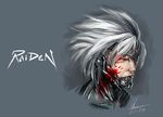  blood blood_on_face character_name cyborg dated eyepatch face kumsmkii looking_at_viewer male_focus metal_gear_(series) metal_gear_rising:_revengeance raiden realistic red_eyes science_fiction signature silver_hair solo spiked_hair 