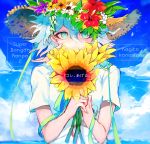  1boy alternate_costume blue_sky character_name cloud cloudy_sky commentary_request covered_mouth danganronpa day eyebrows_visible_through_hair flower green_eyes hat hat_flower holding holding_flower kaname_akihito komaeda_nagito long_hair looking_at_viewer male_focus open_eyes orange_flower outdoors purple_flower red_flower shirt short_sleeves sky solo straw_hat summer sun_hat sunflower sunlight super_danganronpa_2 white_flower white_hair white_shirt yellow_flower 