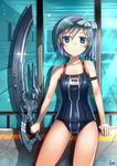  blue_eyes blue_hair gia one-piece_swimsuit original short_hair short_ponytail side_ponytail solo swimsuit sword weapon 