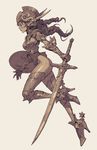  armor boots breastplate full_body gauntlets greaves helmet high_heel_boots high_heels holding holding_sword holding_weapon kilart left-handed leotard long_hair md5_mismatch monochrome original profile running sepia shield simple_background solo spurs sword thigh_boots thighhighs weapon 