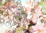  bare_shoulders blush bouquet brown_hair flower leaf long_hair original shorts solo tsukioka_tsukiho 