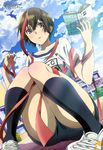  absurdres animedia black_hair blush bokura_wa_minna_kawaisou book cloud day fukagawa_kazumi gym_uniform highres kawai_ritsu legs non-web_source official_art outdoors purple_eyes ribbon scan short_hair sky socks solo 