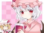  bad_id bad_pixiv_id bat_wings blonde_hair blood brooch commentary_request cup dress drinking drinking_glass drinking_straw flandre_scarlet hammer_(sunset_beach) hat hat_ribbon jewelry looking_at_viewer mob_cap multiple_girls pink_eyes red_dress red_eyes remilia_scarlet ribbon siblings silver_hair sisters touhou wings 