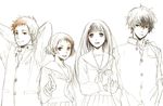  2girls acaco chitanda_eru fukube_satoshi gakuran hyouka ibara_mayaka monochrome multiple_boys multiple_girls oreki_houtarou school_uniform serafuku spot_color 