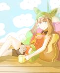  bad_id bad_pixiv_id bandana bike_shorts blue_eyes brown_hair cup dress haruka_(pokemon) hot_chocolate mug orange_dress pillow pokemon pokemon_(game) pokemon_emerald pokemon_rse reclining smile solo tthal 