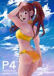 1girl artist_request ass atlus bare_shoulders bikini breasts brown_eyes brown_hair from_behind kujikawa_rise long_hair looking_at_viewer looking_back looking_over_shoulder megami_tensei open_mouth persona persona_4 shin_megami_tensei shiny shiny_skin sky sun_glare swimsuit tongue twintails 