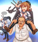  1boy 2girls :d anchor aqua_hair blue_eyes brown_eyes brown_hair carrying em_s fang glasses hair_ornament hairclip hat hat_tip hibiki_(kantai_collection) highres ikazuchi_(kantai_collection) kantai_collection kudou_shunsaku long_hair long_sleeves looking_at_viewer machinery multiple_girls neckerchief one_eye_closed open_mouth pantyhose pointing red_neckwear school_uniform serafuku short_hair shoulder_carry skirt smile thighhighs 