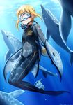  blonde_hair blue_eyes bodysuit diving_mask diving_mask_on_eyes diving_regulator dolphin flippers flock goggles highres kama_iruka mechanical_parts monofin original scuba short_hair smile solo underwater wetsuit 