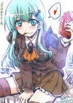  aqua_eyes aqua_hair ascot blazer blush character_name dress_shirt food food_in_mouth hair_ornament hairclip heart jacket kantai_collection long_hair looking_at_viewer mouth_hold pocky shirt sitting skirt smile solo spoken_heart suzuya_(kantai_collection) takana_shinno 