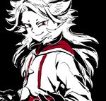  black_background face gloves goalkeeper grin hidaring inazuma_eleven_(series) inazuma_eleven_go inazuma_eleven_go_galaxy ixal_fleet long_hair looking_at_viewer male_focus monochrome phobos_quasar pointy_ears red_eyes smile solo spot_color upper_body 
