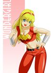  1girl blonde_hair blue_eyes bracer bracers cassandra_sandsmark character_name chou-roninx crop_top dc_comics hairband red_pants solo wonder_girl wonder_woman_(series) 