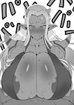  areola_slip areolae blush breasts dragon_quest dragon_quest_x gigantic_breasts horns long_hair monochrome monster_girl nuezou ogre_(dq10) paizuri shiny shiny_skin sweat 