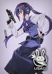  blush breasts glock gochuumon_wa_usagi_desu_ka? goggles gun handgun large_breasts locked_slide long_hair magazine_(weapon) magazine_ejection matsuryuu pantyhose purple_eyes purple_hair rabbit_house_uniform reloading solo tedeza_rize trigger_discipline twintails weapon 